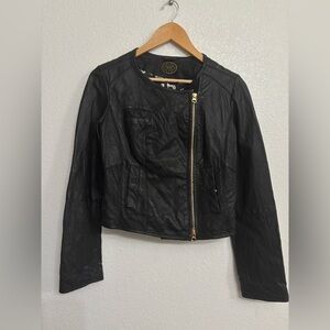 Anthropologie Idra Black Leather Moto Jacket Gold Zip Cropped Biker Edgy Chic